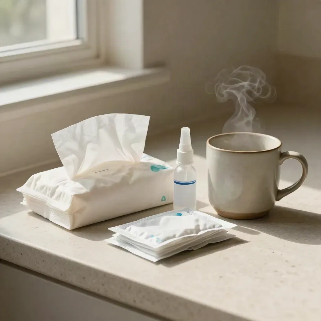 Cold-care bundle with medicine bottle, tissues, saline spray, and steaming mug on stone counter