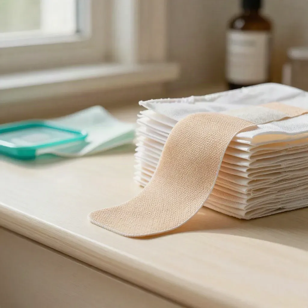 Macro of fanned fabric bandages on a pale wood shelf with soft window light and a teal accent