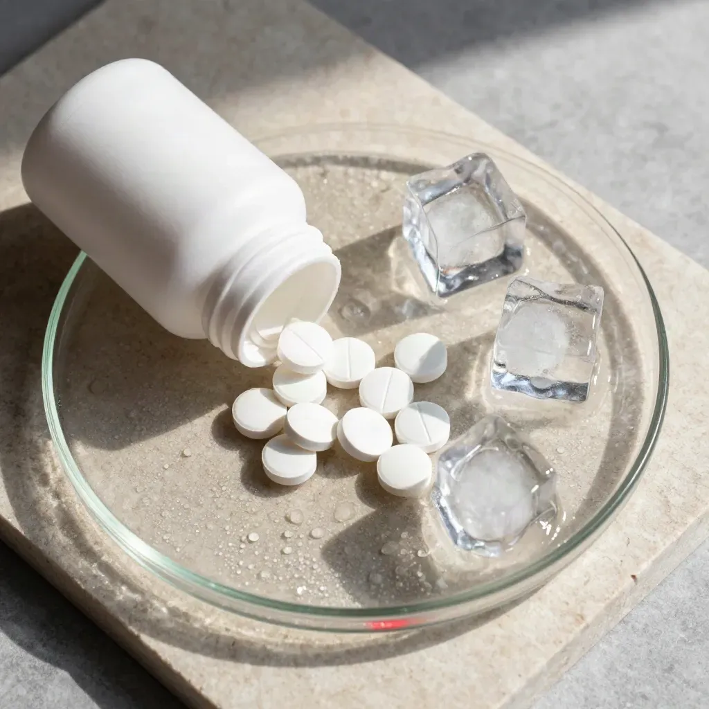 Overhead flatlay of vitamin C bottle, white tablets, glass tray and ice cubes on pale stone.