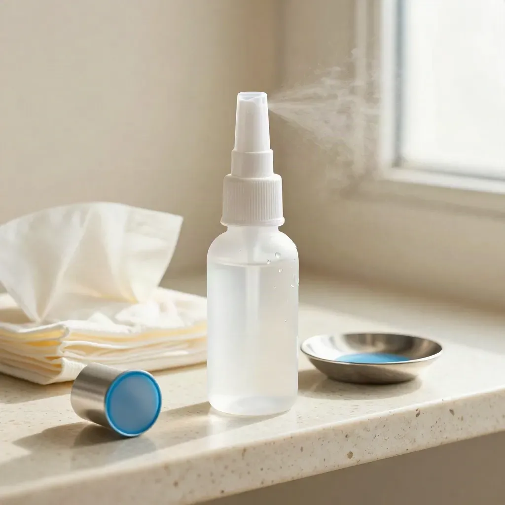 Macro saline spray bottle with moisture beads, tissues, and a brushed metal cap dish.