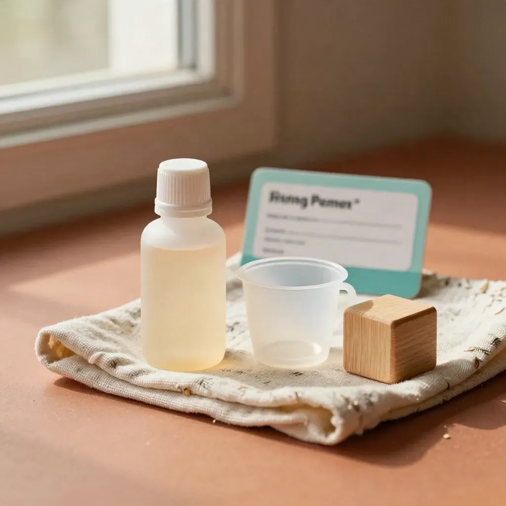 Children’s pain reliever syrup bottle with dosing cup, cloth, and toy block on a terracotta surface.