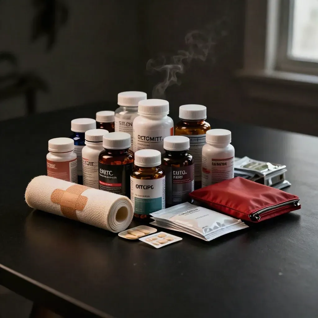 OTC medicines, vitamins, first-aid wrap, and pouches on a dark studio surface.