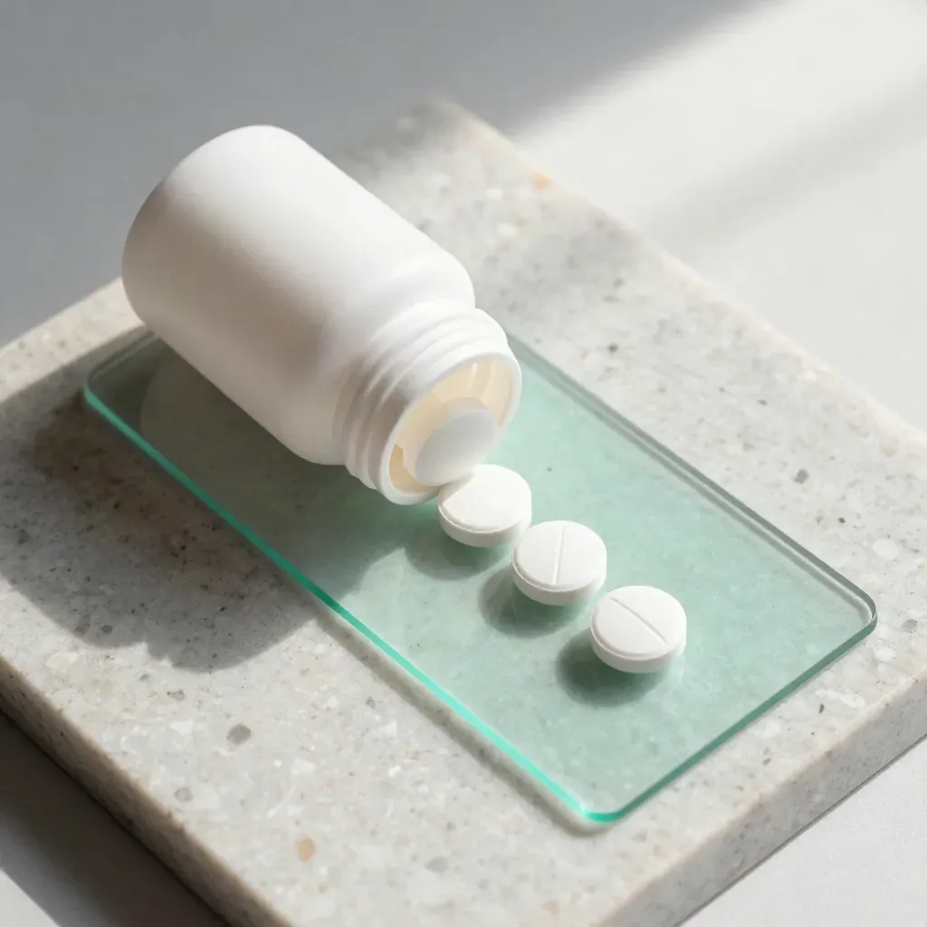 Overhead flatlay of white allergy medicine bottle, tablets and pale stone on travertine.