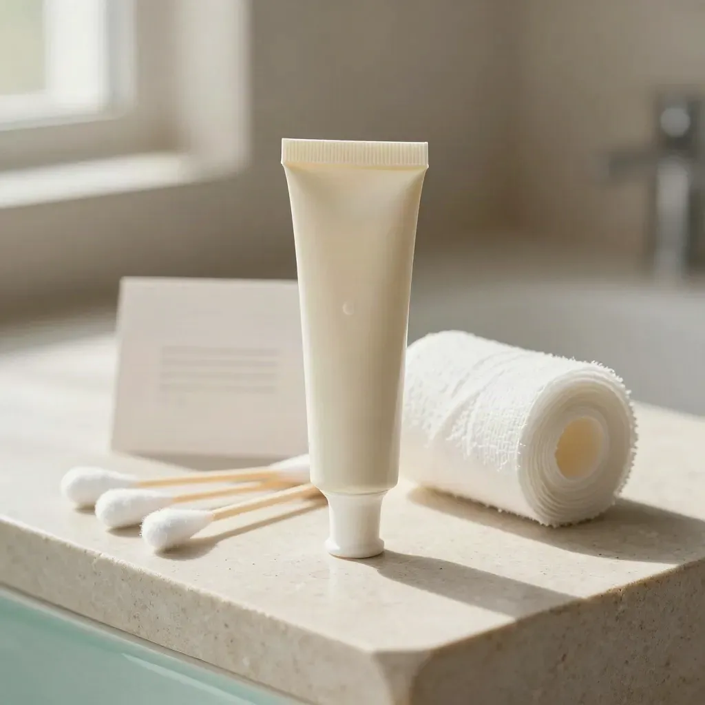 Triple antibiotic ointment tube with swabs and gauze on pale stone, soft studio light