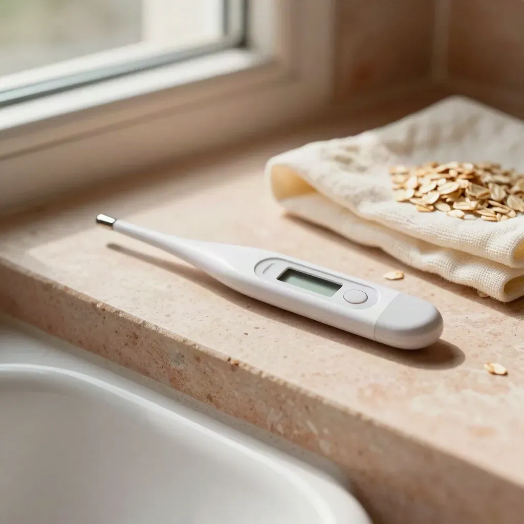 Digital oral thermometer beside a cool compress and folded cloth on a stone ledge.
