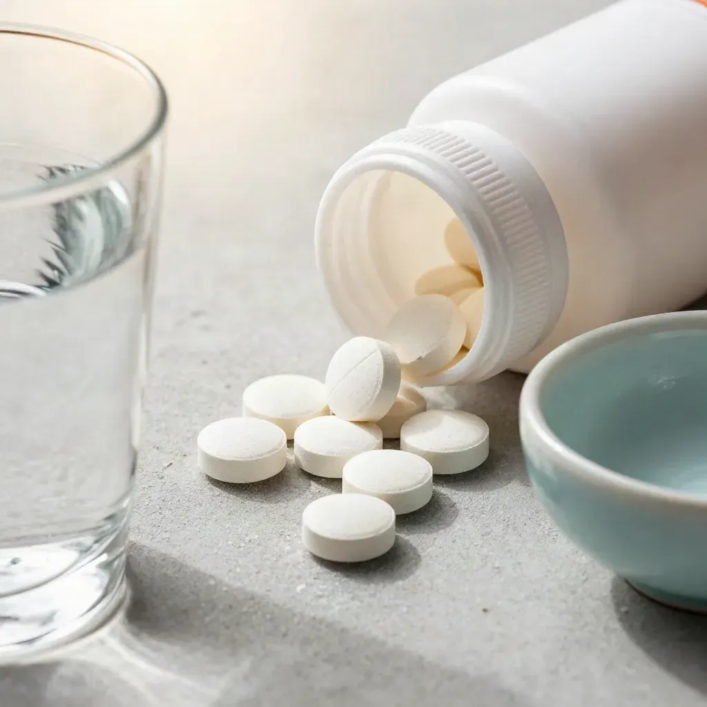 Macro of antacid tablets, bottle, water glass and ceramic bowl on pale concrete.