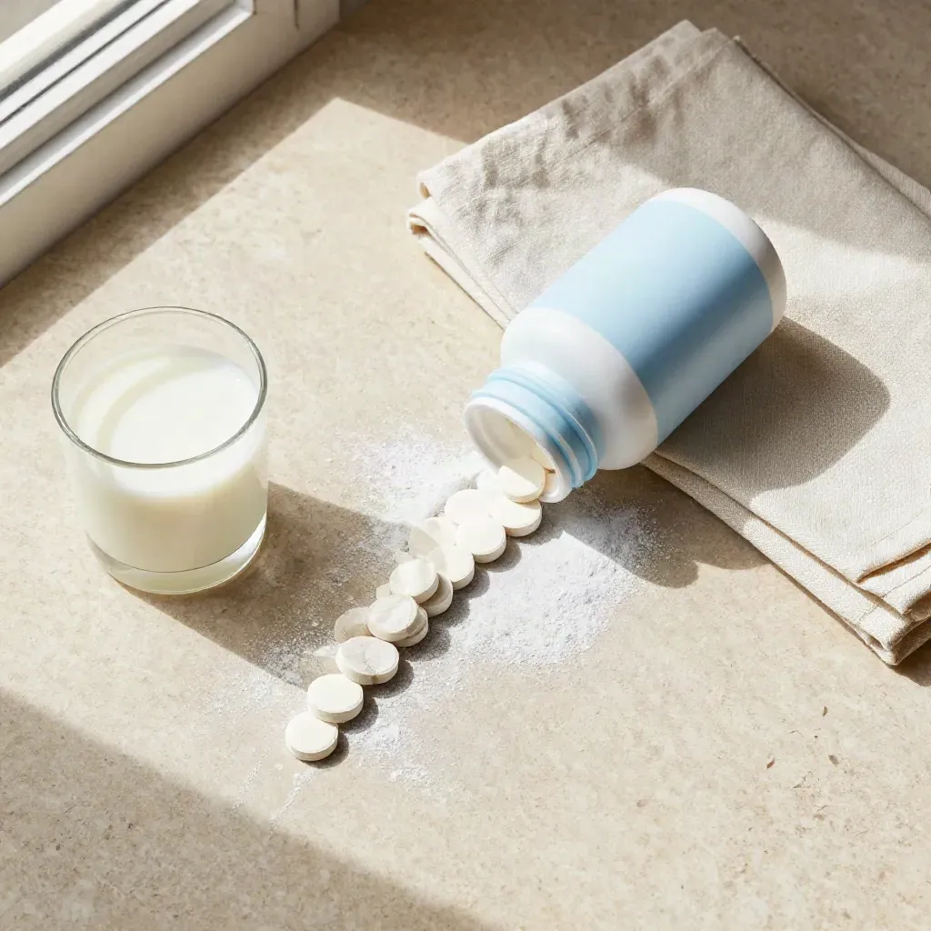 Overhead flatlay of a children’s calcium bottle, chewable tablets, milk glass and folded napkin