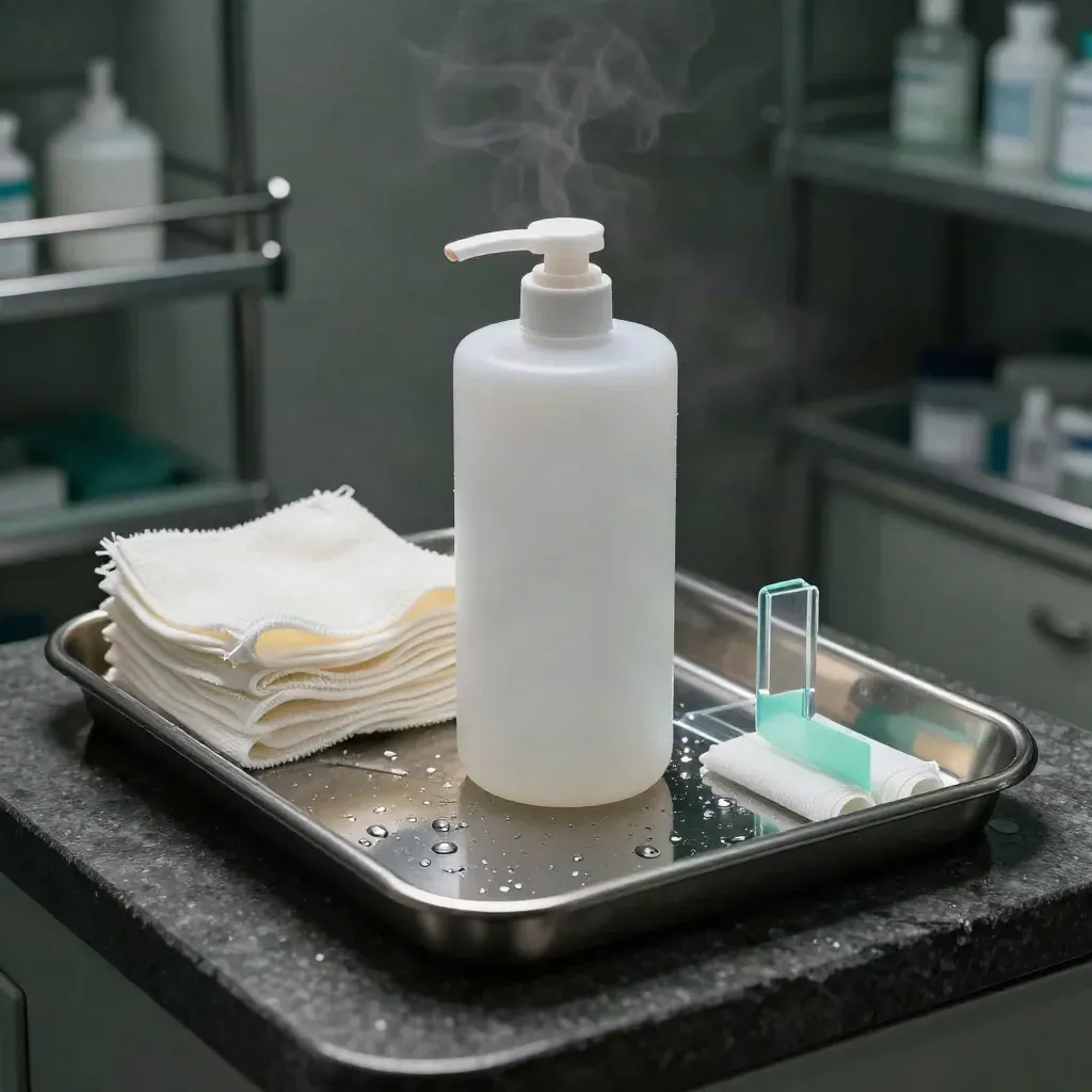 Saline wound wash can with gauze pads, tray, and water droplets in a dark studio scene