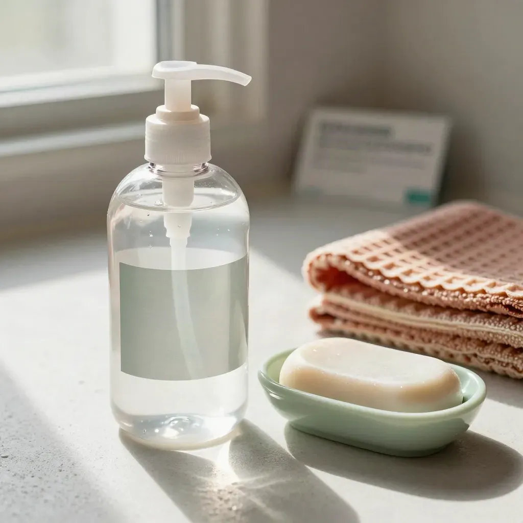 Sanitizer gel bottle with soap dish and folded towel on a bright studio surface.