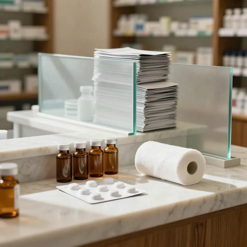 Marble pharmacy counter with amber bottles, parcel stack and frosted glass in soft morning light