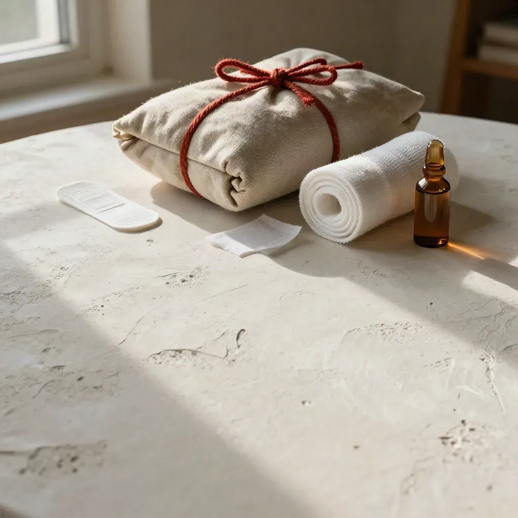 First aid supplies on a textured plaster surface with linen, amber glass, and warm sunlight