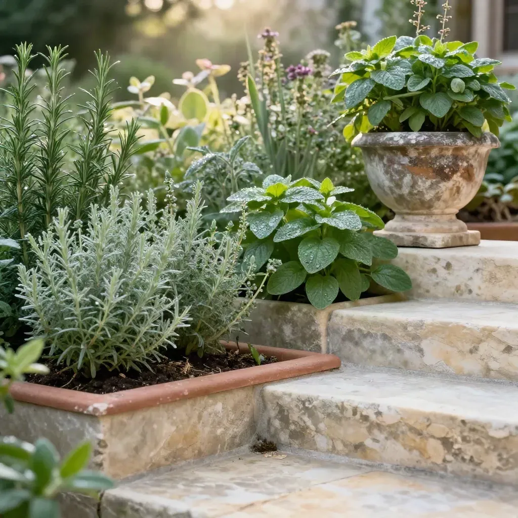 Dewy herb garden steps with a pale stone planter and calm lower space for headline copy.