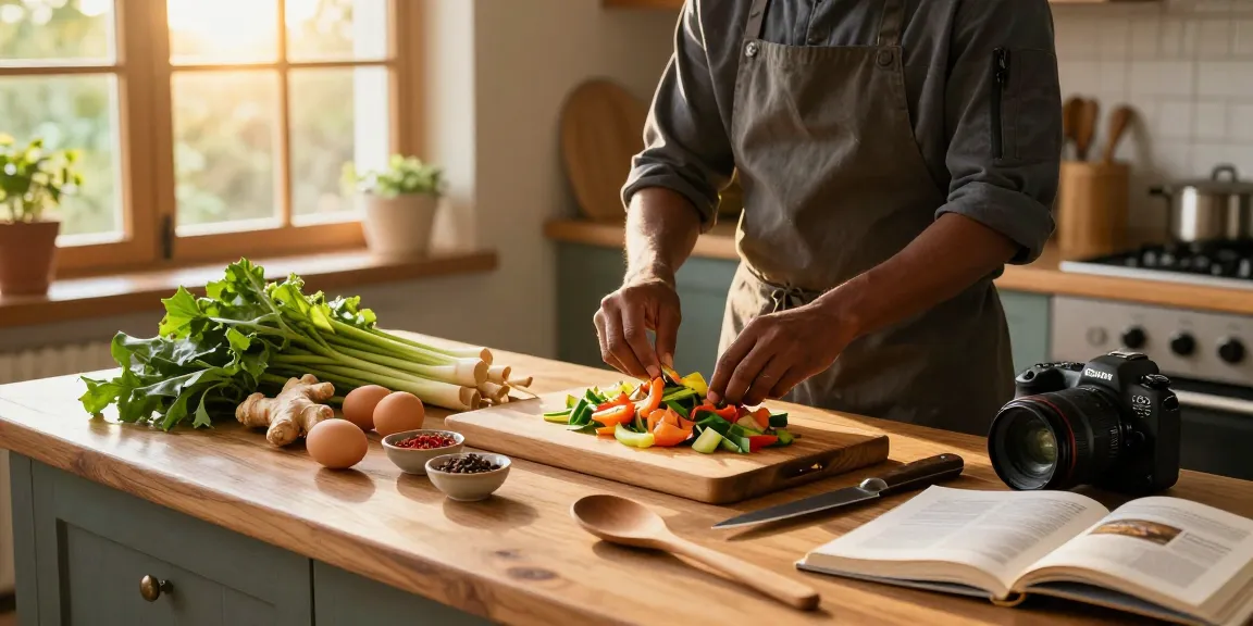 A skilled chef in a rustic kitchen preparing a fresh dish with ginger and lemongrass, promoting healthy cooking tips for สล็อตเว็บตรง enthusiasts.