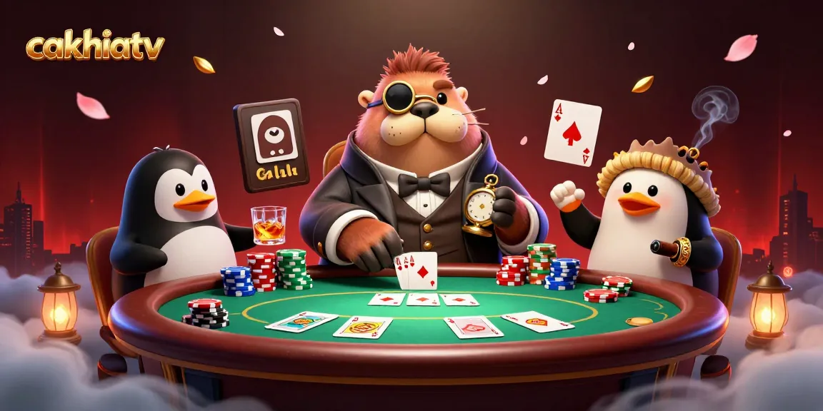 CakhiaTV features a jolly walrus, penguin dealer, and pufferfish player bluffing at an underwater poker table.