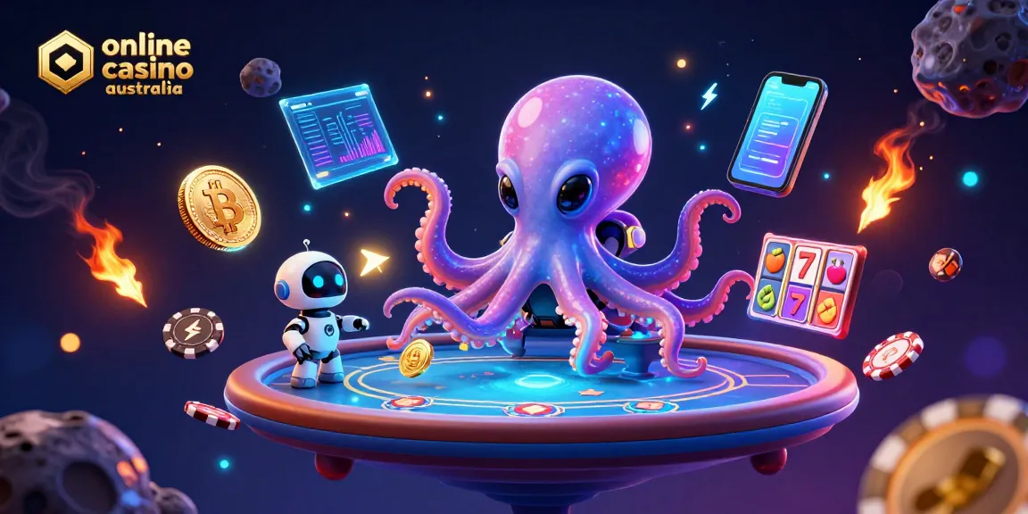 Experience the excitement of online casino Australia with a vibrant illustrated scene featuring a playful octopus and crypto elements.