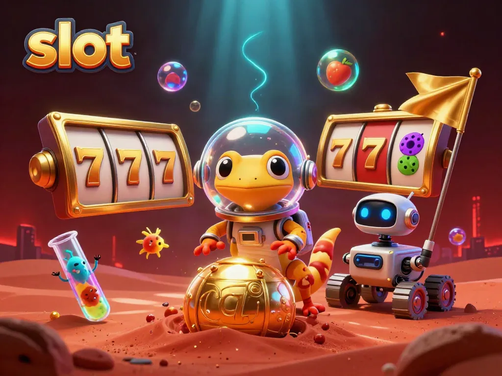 Spin slot reels featuring a Martian gecko in a dynamic casino scene celebrating jackpots.