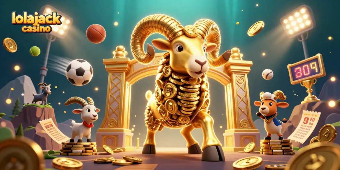 Experience the thrill of lolajack casino with a vibrant illustration showcasing a golden ram and sports excitement.