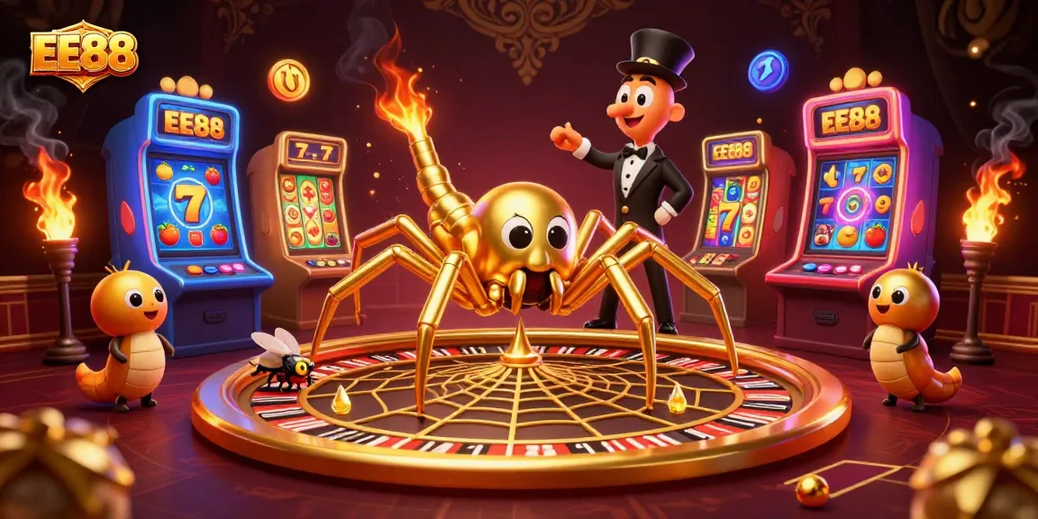 EE88 fun with golden spider croupier at a roulette wheel, showcasing vibrant slot game action