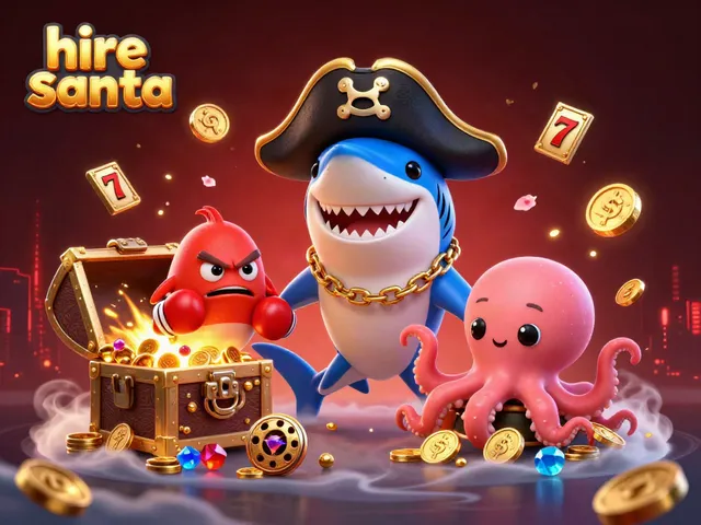 Engage with hire santa by hiring festive characters, surrounded by coins and slot machine symbols, for unforgettable holiday fun.