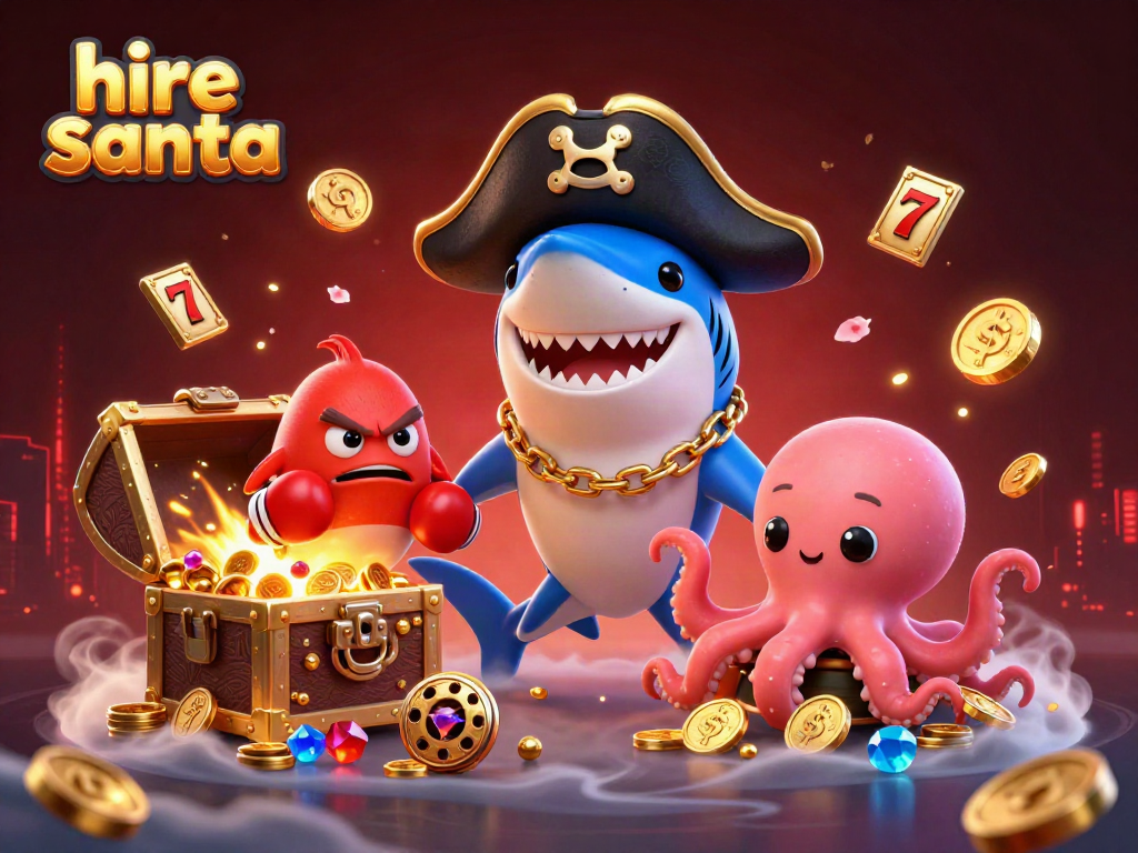 Engage with hire santa by hiring festive characters, surrounded by coins and slot machine symbols, for unforgettable holiday fun.