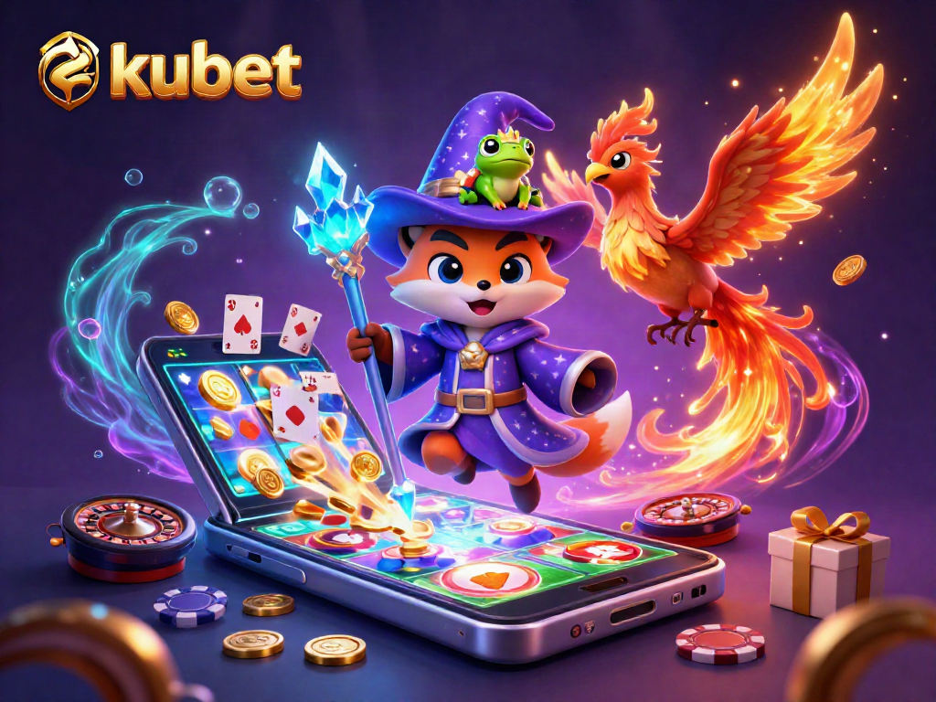 Engage with kubet through a vibrant casino scene featuring a wizard fox, phoenix, and game elements.