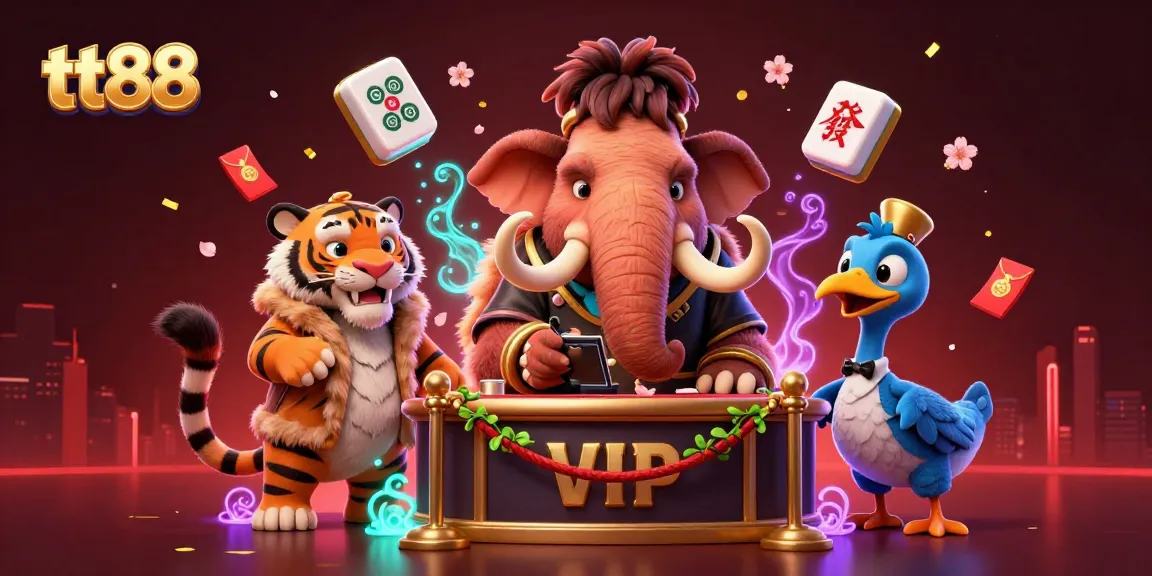 Experience the vibrant world of tt88 online gaming with a detailed scene featuring a mammoth bouncer, tiger VIP, and dodo doorman.