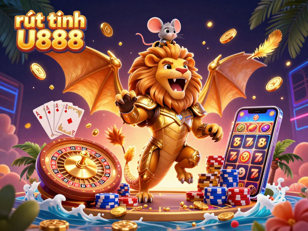 Experience thrilling rút tiền U888 action with a roaring chimera and vibrant casino elements.