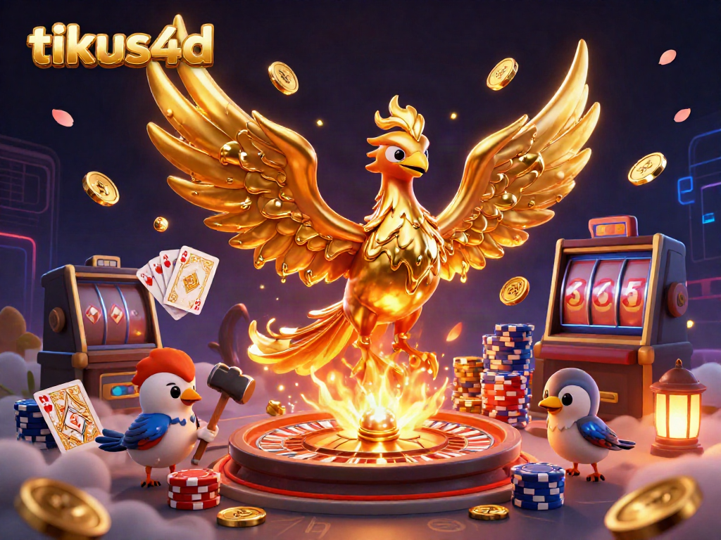 Tikus4d features a molten golden phoenix amidst casino elements like poker chips and gems.