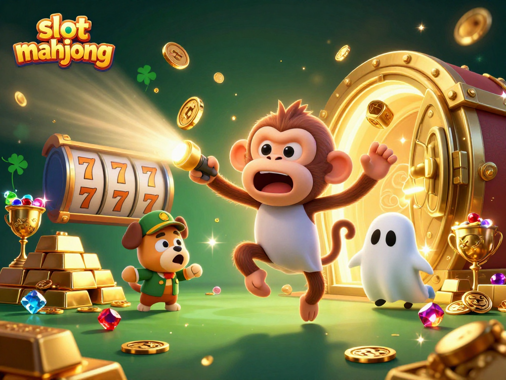 Experience the thrill of slot mahjong with a mischievous monkey juggling gold in a vibrant casino.