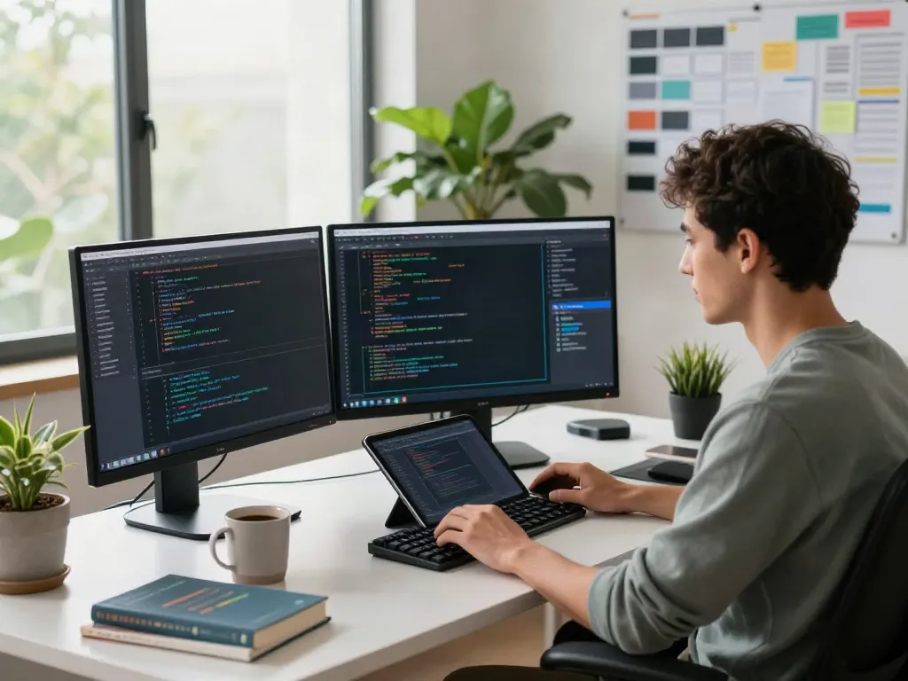 v2rayN官网 software development workspace with coding displays and modern tech