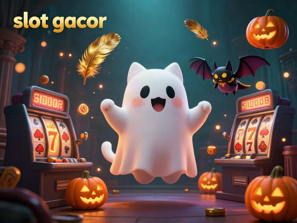 Experience the excitement of slot gacor with a friendly ghost cat and vampire bat in a vibrant casino setting.