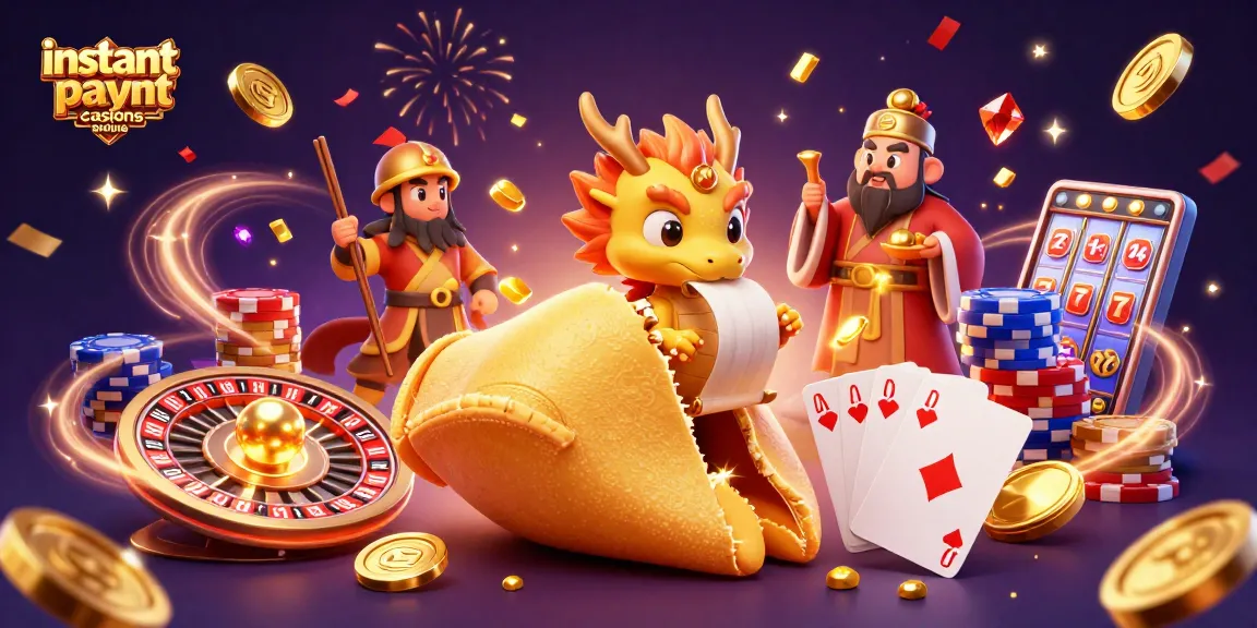 Win at instant payout casinos online with dynamic 3D illustration of fortune cookies and casino elements.
