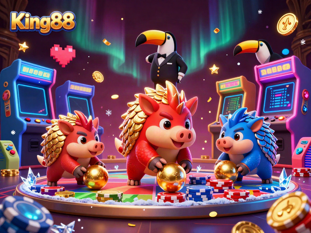 Experience thrilling gameplay with King88 featuring rival pangolins and vibrant casino elements.