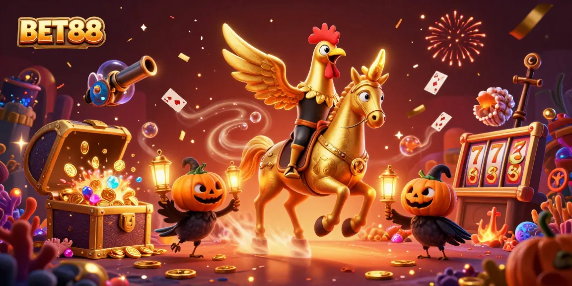 Experience thrilling gaming at BET88 with a golden rooster and spectral horse in a vibrant casino.