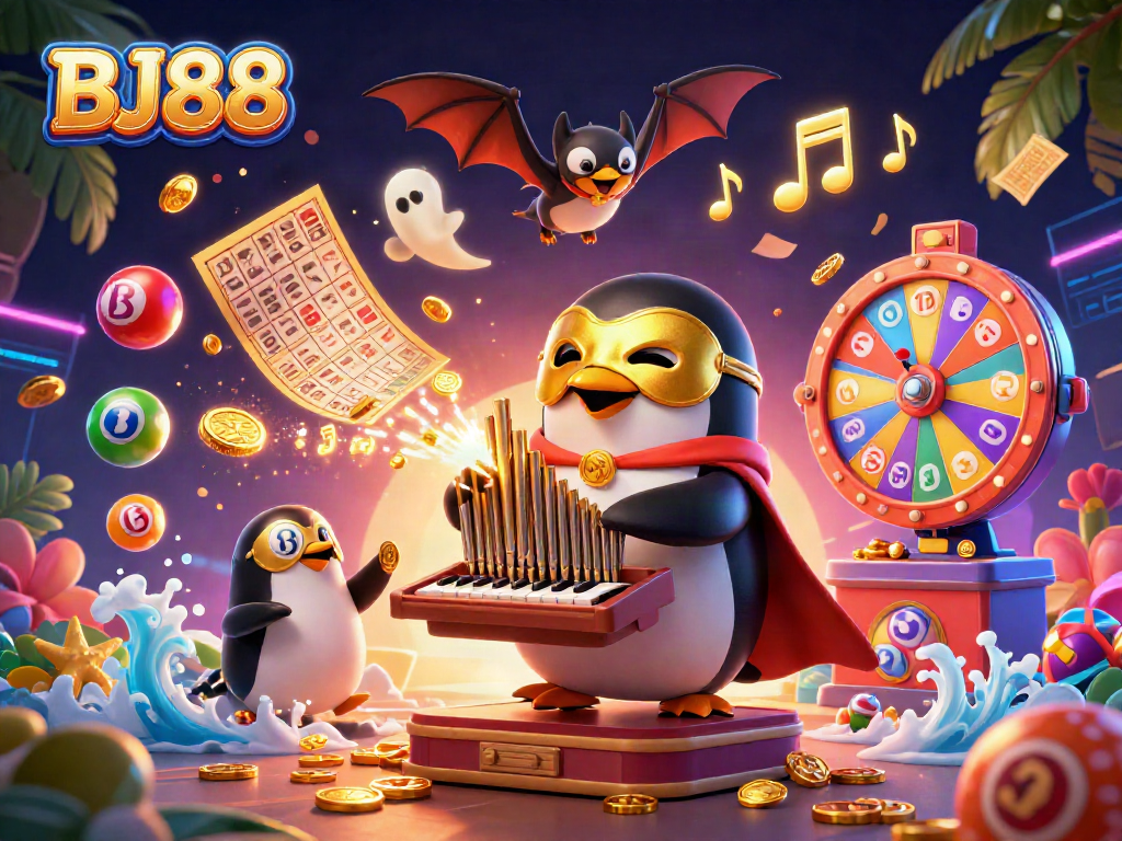 Experience the vibrant excitement of BJ88 with dynamic actions in a colorful casino scene.