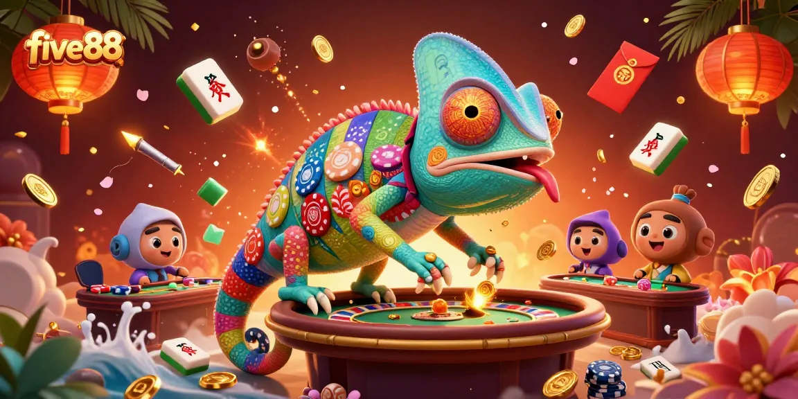 Winning big at five88 with a colorful 3D illustration featuring a chameleon casino owner and dynamic gaming elements