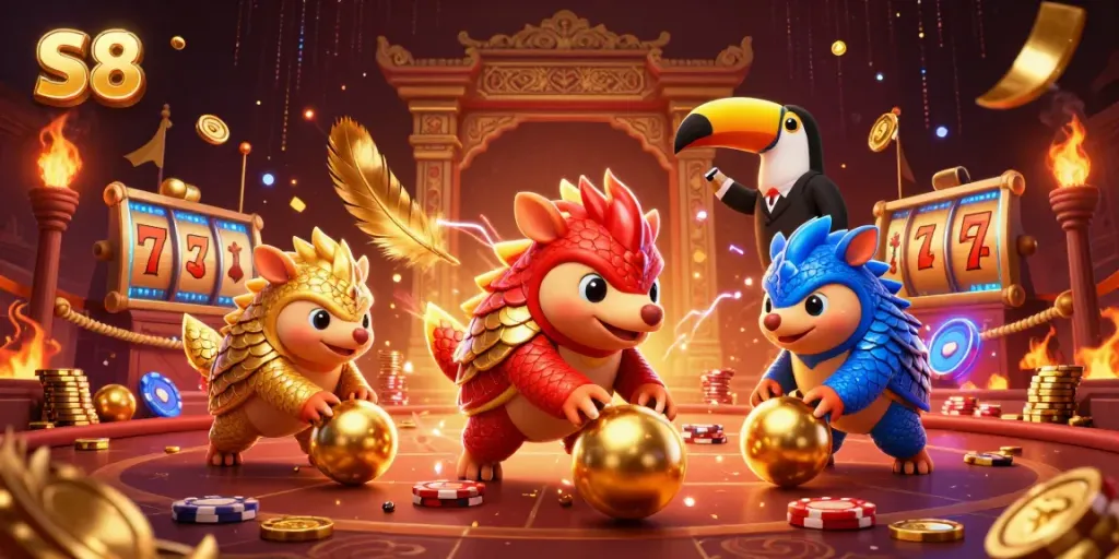 Experience thrilling S8 gameplay with rival pangolins competing amidst poker chips and vibrant casino elements.