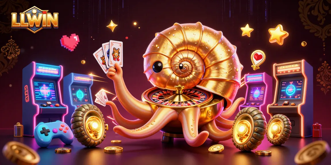 LLWIN's giant nautilus spins a roulette wheel surrounded by glowing games, offering vibrant online casino immersion.