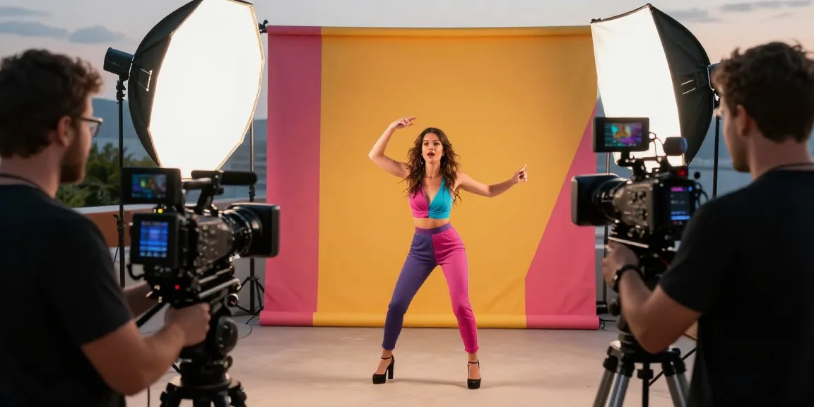 Lia Engel performing on set amid vibrant lights in engaging adult film production.