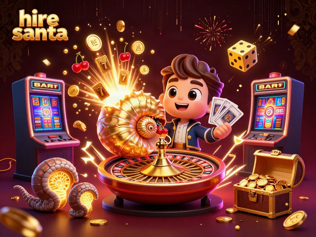 Engaging scene featuring characters and casino elements promoting the idea to hire santa for festive events.
