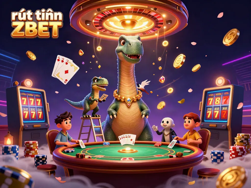 Win prizes with rút tiền ZBET in a vibrant casino scene featuring animated dinosaurs and games.