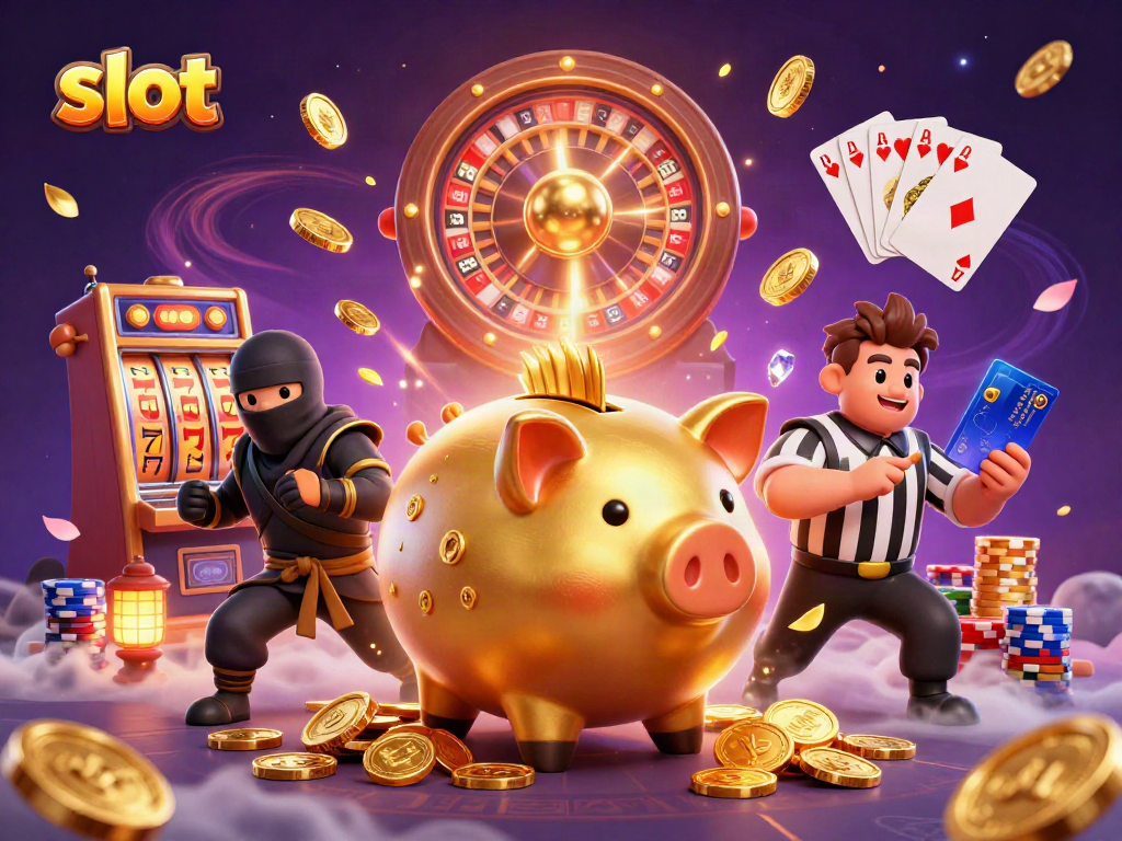 Watch the slot action unfold as a golden piggy bank wrestler scores coins amidst a thrilling casino scene.