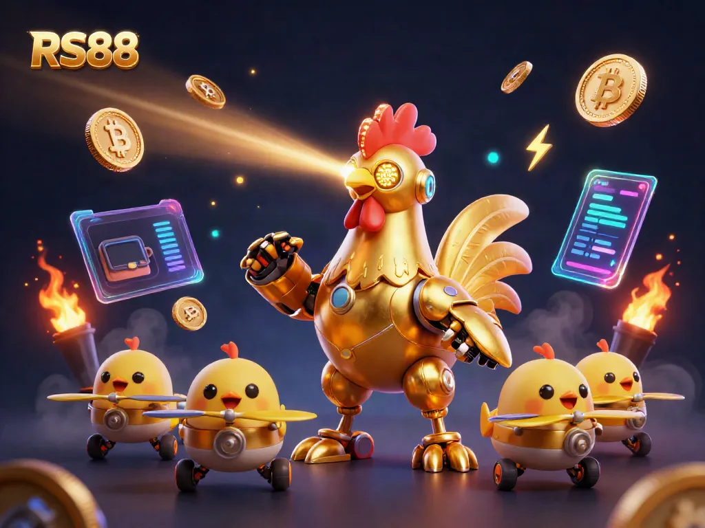 RS88 features a golden rooster robot and baby chick drones amidst glowing crypto elements.