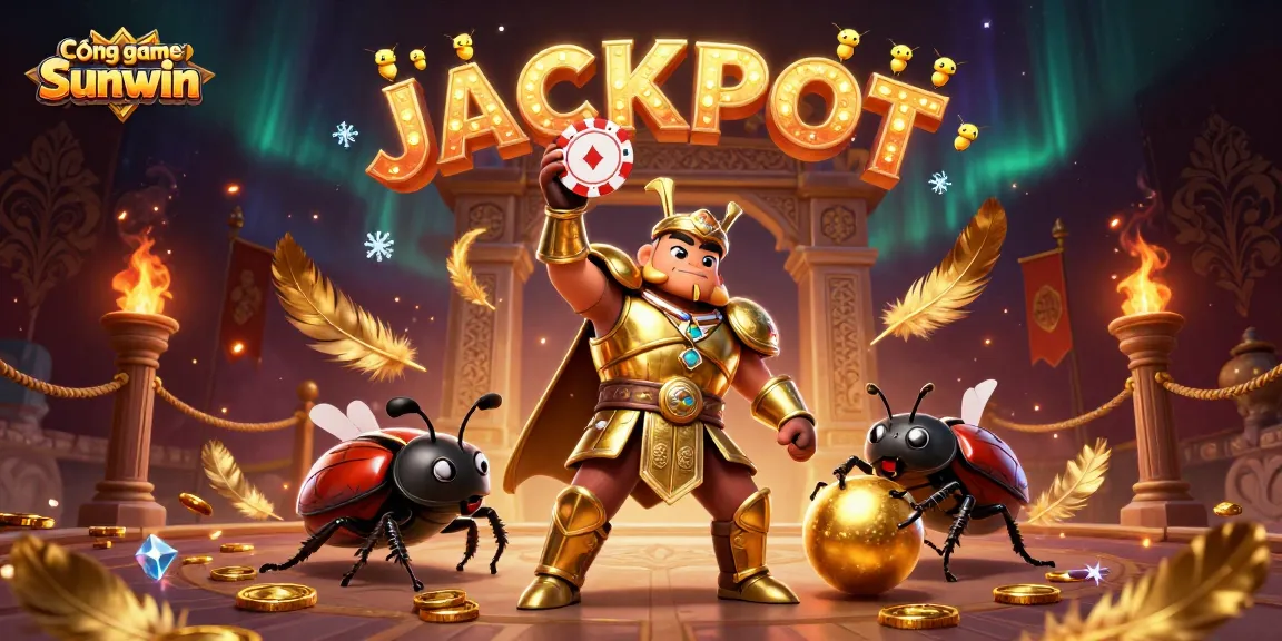Engage with Cổng game Sunwin's thrilling gameplay featuring a hercules beetle celebrating a big jackpot win.