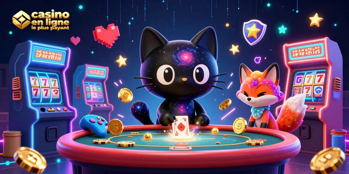 Illustration dynamique représentant un chat noir de casino en ligne le plus payant attirant des jetons et des cartes.