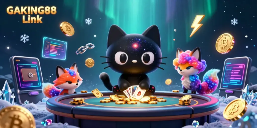 Experience the excitement of GAKING88 Link with vibrant characters and glowing crypto elements.