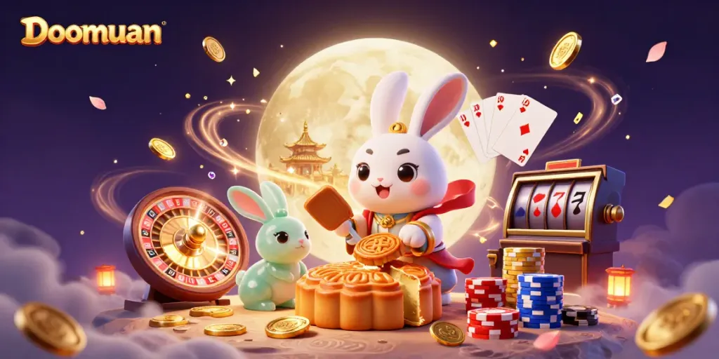 Doomuan showcases a vibrant 3D scene of the moon rabbit celebrating with gold poker chips and dynamic casino elements.