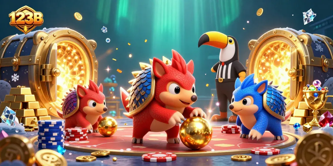 Compete with 123B in thrilling casino action, as rival pangolins roll into golden treasure with a toucan referee overseeing the game.