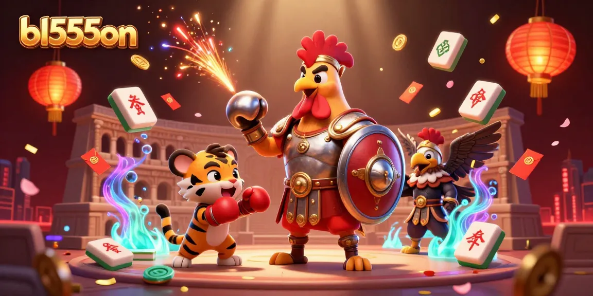 Experience excitement at bl555on with a 3D rendering of a rooster gladiator and sparring cub in a vibrant casino scene.