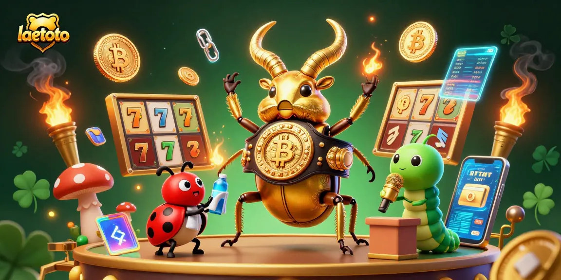 Engage in thrilling slots at laetoto with golden beetle champion in a dynamic casino scene.